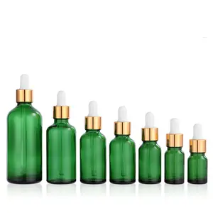 Green Glass Oil Bottle With Dropper 50ml Essential Oil Glass Bottle With Gold Screw Lid