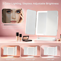 Espejo de Maquillaje LED con Control Táctil, Plegable en Tres Partes, Panel Principal Grande con Aumento, Bandeja de Almacenamiento, Ángulo Ajustable