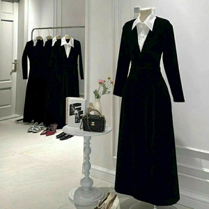 Vestido Largo Negro con Cuello Camisero Blanco, Vestido Elegante de Manga Larga con Cuello Camisero Vietnamita, Vestido de Fiesta de Poliéster Tejido, OEM - Product Image 1