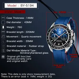 Benyar 5194 High Quality Fashion Wholesale Luxury Clock Quartz Watch Men Watch Stainless Chronograph Relogio <strong>De</strong> Pulso - Product Image 4