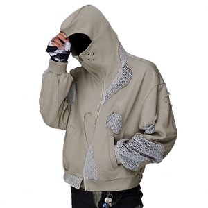 Veste unisexe pour homme en molleton 100% coton, coupe ample, avec fermeture éclair personnalisée, effet vieilli, bords bruts et patchwork en tissu mesh - Product Image 5