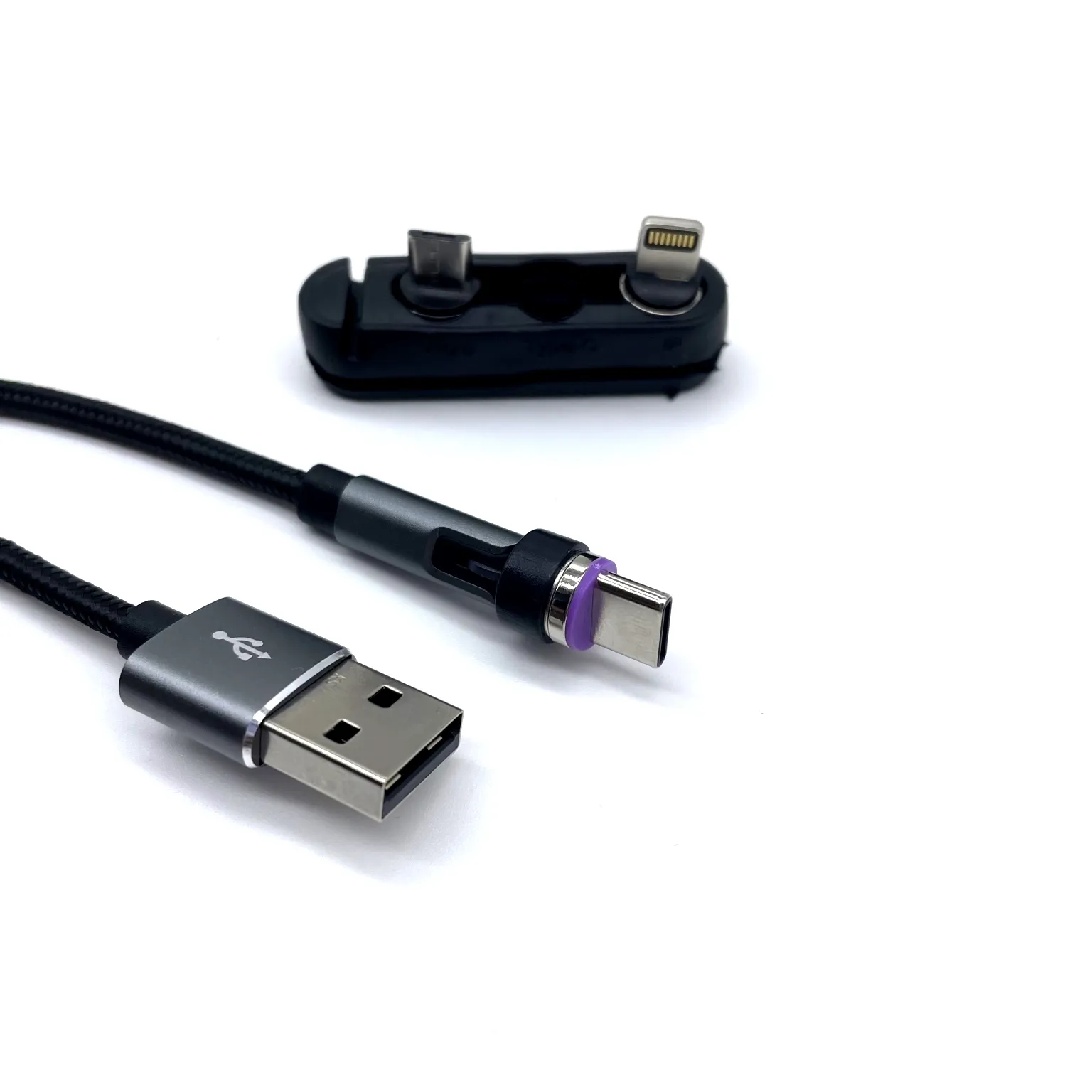 Suporte magnético para armazenamento de cabos 3 em 1 cabo USB trançado de nylon giratório 360 para iPhone tipo C micro cabo