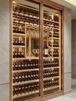 Armoire à vin de luxe dorée champagne à double porte avec éclairage LED intégré, présentoir en verre, pour maison, cuisine, restaurant, bar