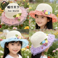 Gorro de Protección Solar para Niñas, Elegante, con Decoración de Encaje Floral, de Poliéster/Algodón, Transpirable, para Playa, Aire Libre y Fiestas