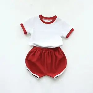 Infant Suits Tops Short Sleeve Newborn Outfits Bud Pants Solid Cotton Knitted Blank Toddler 2 Piece Set