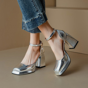 Women Metallic Silver Platform <strong>Block</strong> <strong>Heel</strong> Pumps SQUARE <strong>Toe</strong> <strong>Ankle</strong> <strong>Strap</strong> <strong>With</strong> Crystal Pendant <strong>Closed</strong> <strong>Toe</strong> High <strong>Heel</strong> Shoes - Product Image 3
