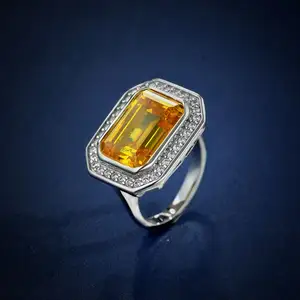 925 Sterling Silver Rectangular Yellow Emerald Cut Zirconia CZ Diamond Women's Big Size Ring
