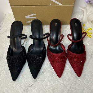 Sandalias de tacón fino con correa y diamantes de imitación, transpirables, de malla, para mujer, estilo slip-on, negras, de tacón alto, novedad de verano - Product Image 1