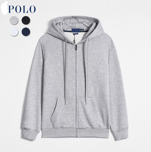 Polo décontracté en pur coton, motif uni, fermeture éclair, capuche, pour l'automne, taille oversize, homme femme, sweat à capuche double fermeture éclair # RL-034 - Product Image 4