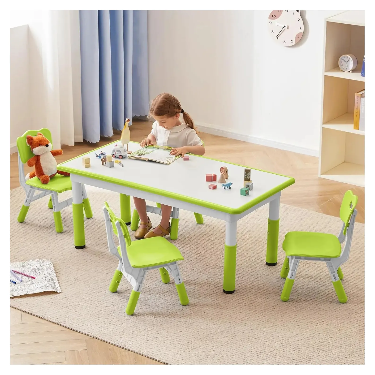 مجموعة طاولة وأربعة كراسي للأطفال طاولة مع مقعد للأطفال بارتفاع قابل للتعديل طاولة مكتب رسم جرافتيي طاولة دراسة منزلية / غرفة صف