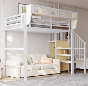 <span class=keywords><strong>Lit</strong></span> superposé moderne <span class=keywords><strong>en</strong></span> <span class=keywords><strong>métal</strong></span> <span class=keywords><strong>blanc</strong></span> avec escalier, étagère de chevet, garde-corps antidérapant et espace de rangement/lieu de travail multifonctionnel - Product Image 4