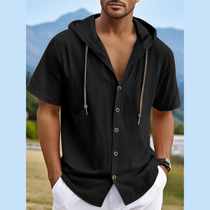 Camisa <span class=keywords><strong>Casual</strong></span> Masculina ChenYue em Algodão e Linho, Cardigã de Manga Curta, Moletom com Capuz, Respirável, Tamanho Europeu Oversized - Product Image 2