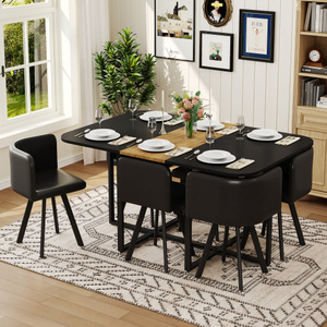 ชุดโต๊ะรับประทานอาหารสไตล์โมเดิร์น 7 ชิ้น พร้อมเก้าอี้หนัง PU สีดำ 6 ตัว เฟอร์นิเจอร์รับประทานอาหารที่เป็นมิตรกับสิ่งแวดล้อมและทนทานสำหรับพื้นที่ขนาดเล็ก - Product Image 1