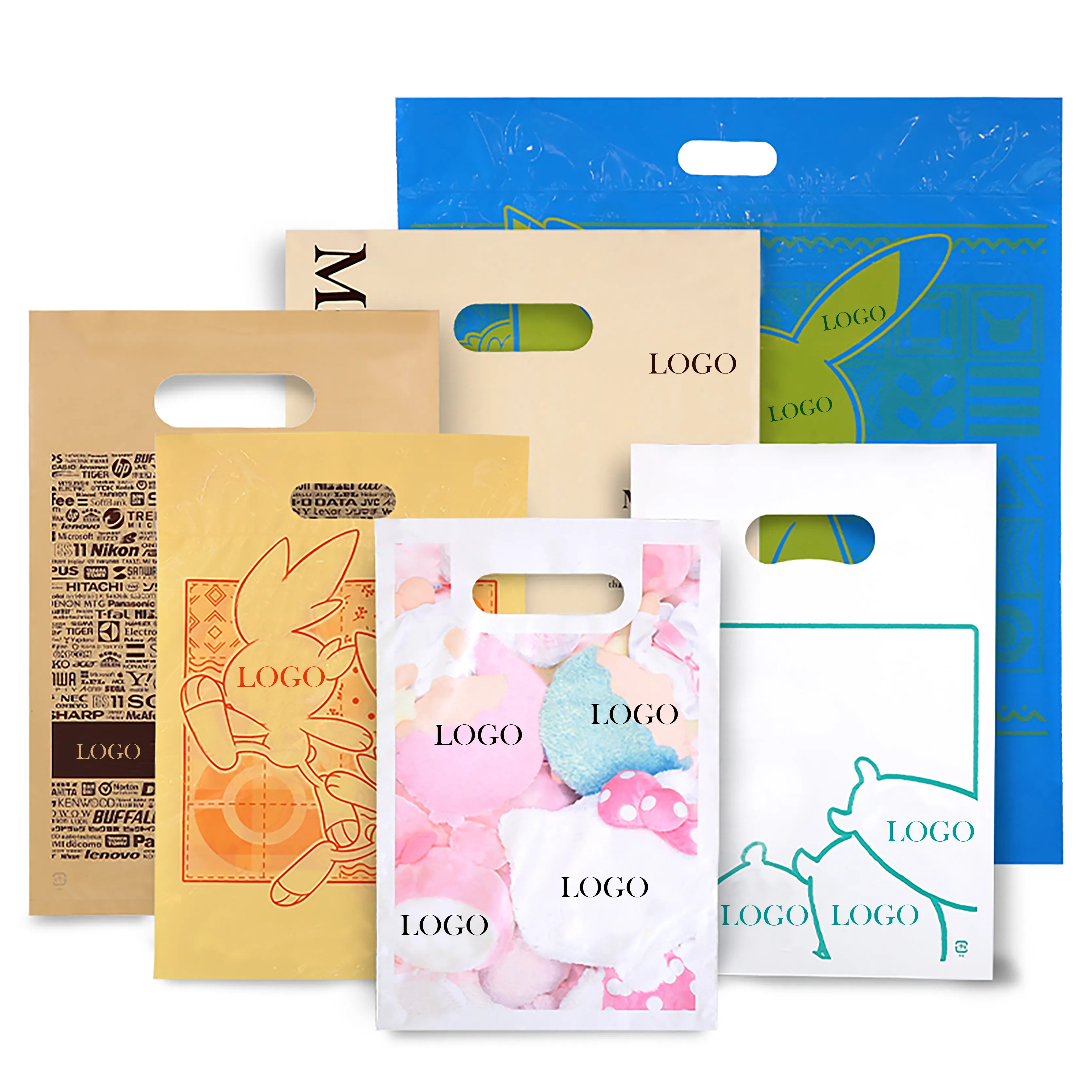 Bio degradable handbag die cut packing plastic carrier retail shopping bags with logos custom printed