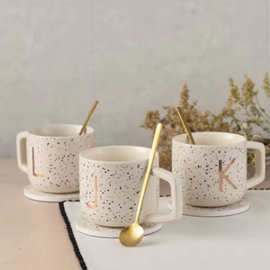 New Design Professional 13.8Oz Personalized Monogram J Dishwasher Safe <b>Coaster</b> and Stir Spoon Set <b>Ceramic</b> Mug - Product Image 5