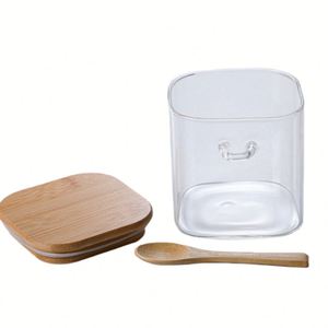 Square Airtight Glass <b>Jars</b> <b>Kitchen</b> Food <b>Storage</b> Containers Clear Glass <b>Storage</b> <b>Jar</b> with Bamboo Lids & Spoon <b>for</b> Coffee Beans - Product Image 2