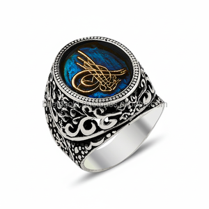 925K Sterling <b>Silver</b> Ottoman Tugra Blue Enamel <b>Men</b> <b>Ring</b> - Product Image 2