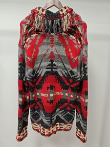 "Vibrant Southwestern-Inspired <b>Men's</b> <b>Knit</b> <b>Cardigan</b> with Bold Geometric Patterns, Fringed Edges, and Cozy Hooded Design." - Product Image 2