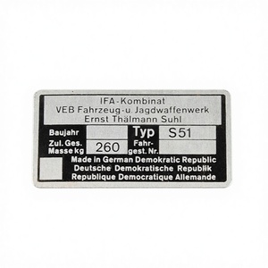 For Simson S51 S 51 IFA Motorcycle Parts Rahmenplakette Mopeds Type <b>Plate</b> Sign <b>Name</b> <b>Plate</b> Typenschild TABLICZKA ZNAMIONOWA - Product Image 1