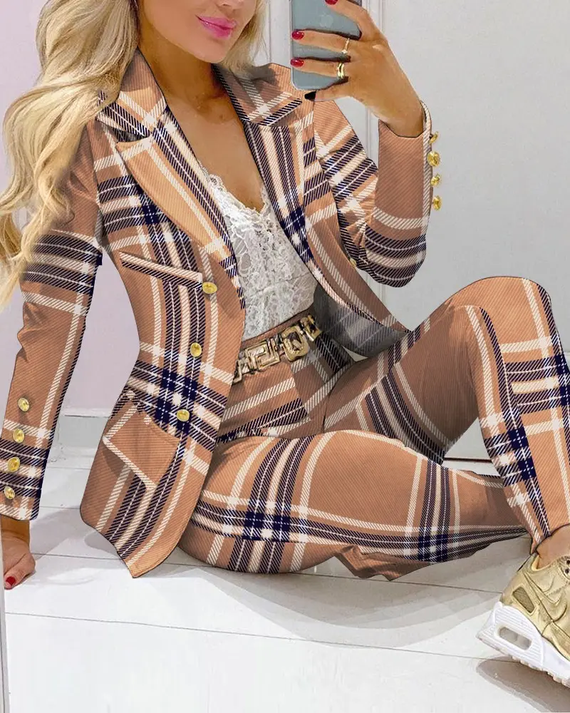Dropshipping güz kış kadın giyim dantel kumaş iki parçalı Set moda rahat kadın takım elbise Blazer pantolon kadın setleri