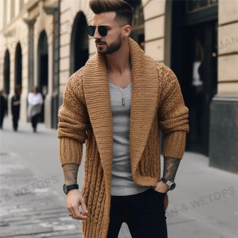 Jaket Rajut Chunky Kerah Selendang Penjualan Terlaris Mode Pria 2023 Sweater Pria Kardigan Panjang