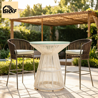 Ensemble de table et chaises de bar d'extérieur en corde tressée, plateau rond en verre trempé, structure en aluminium, pour jardin, villa, terrasse, cour