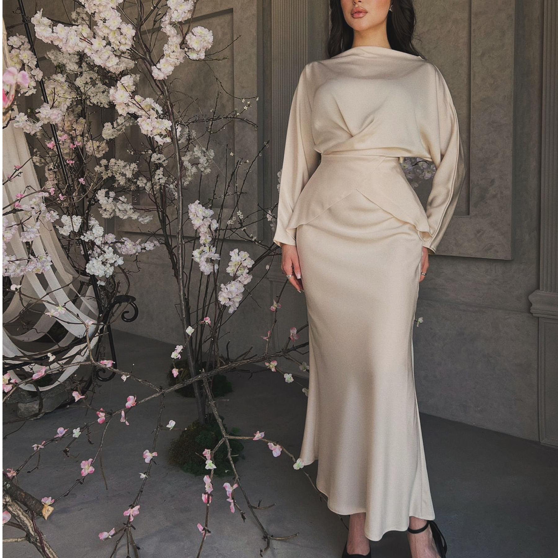 Satin Elegant Dress Party Latest Women Clothing Dubai Turkey Clothing Women  Muslim Abaya Dress Wholesale Maxi Trumpet Dress