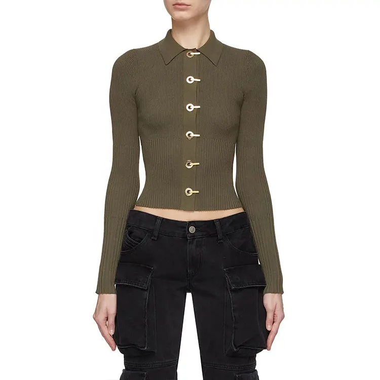 knitwear factory custom spring 2023 crop top fashion elegant casual rib female sweater knitted cardigan for women