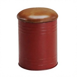 Red Iron Metal Drum <b>Stool</b> With Leather Top Industrial <b>Storage</b> Ottoman Living Room Furniture Home Decor Accent Piece - Product Image 1