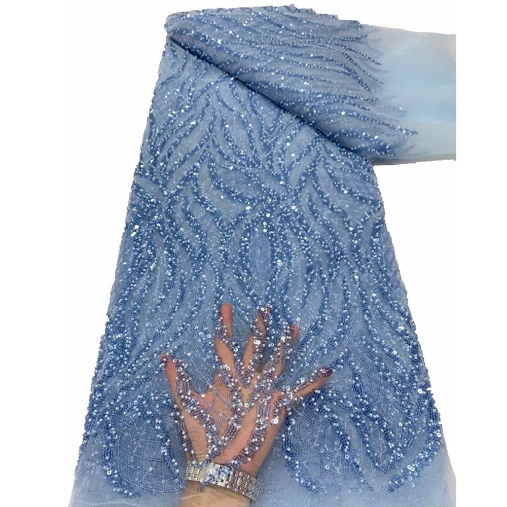 Sky Blue Beaded Lace Fabric Elegant Durable Solutions