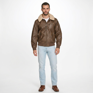 Blouson aviateur en cuir véritable marron pour homme, col rabattu, fermeture éclair, doublure en fausse fourrure, vêtement d'hiver - Product Image 1