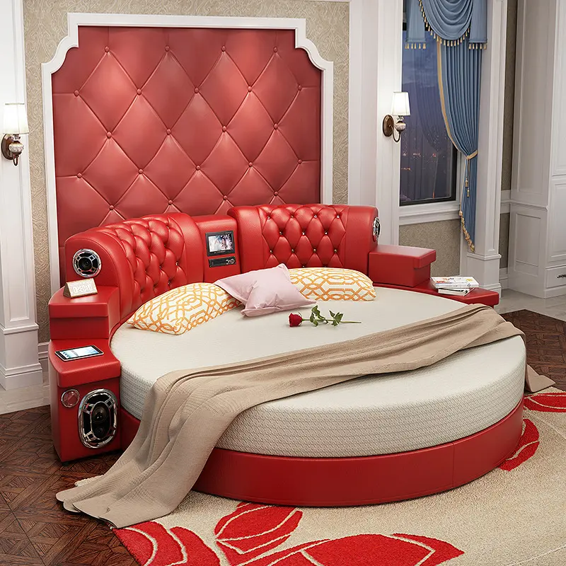 سرير زفاف مزدوج ذكي متعدد الوظائف ، سرير دائري ناعم وأنيق 2.2 متر مصنوع حسب الطلب