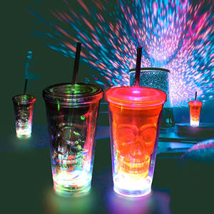 Tasses à double paroi en plastique LED multicolores sur le thème d'Halloween, amusantes, activées par le liquide, sans BPA, réutilisables avec couvercle pour boire en douceur - Product Image 4