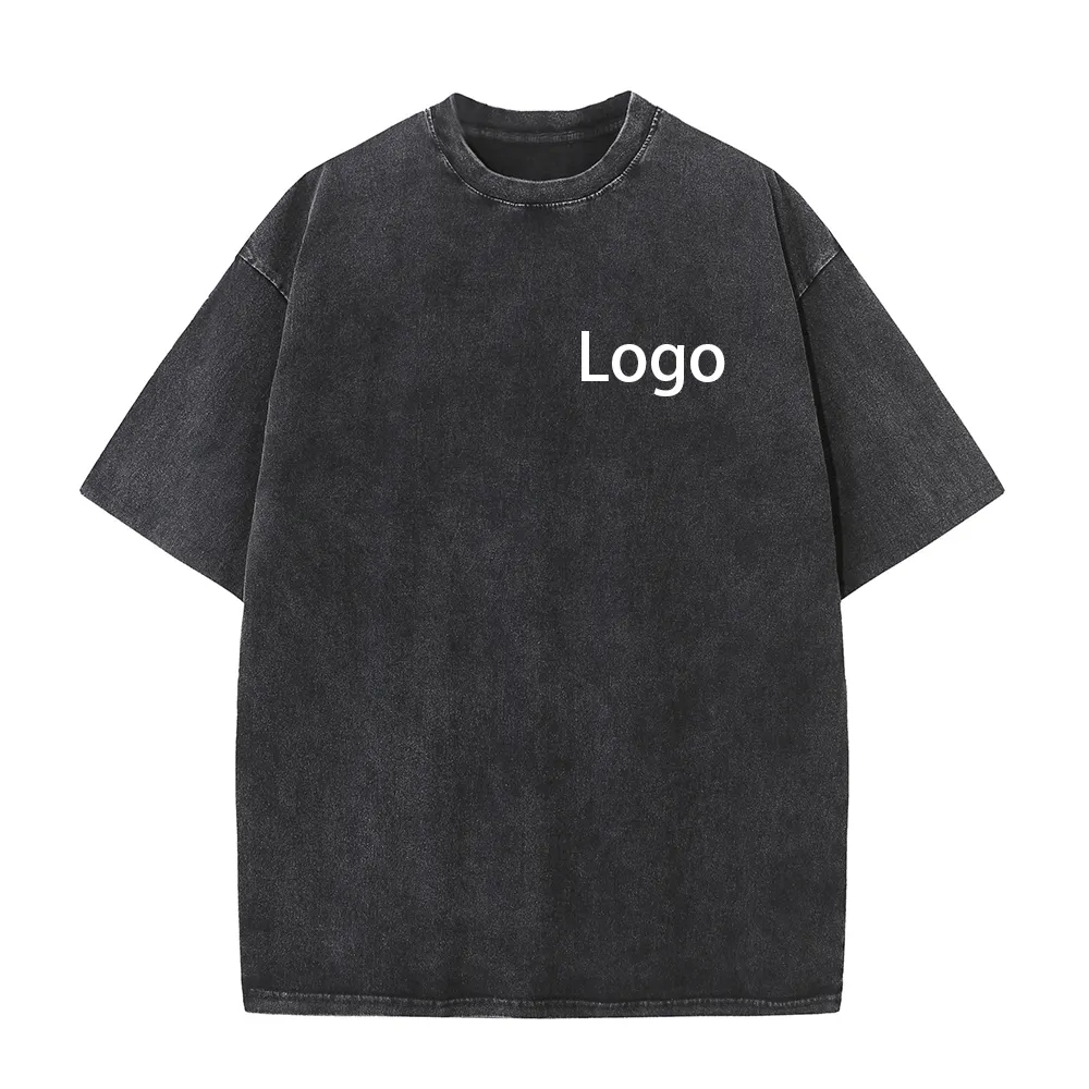 OEM venta al por mayor High Street negro Hip Hop logotipo personalizado de gran tamaño lavado ácido camiseta hombres Vintage lavado camiseta