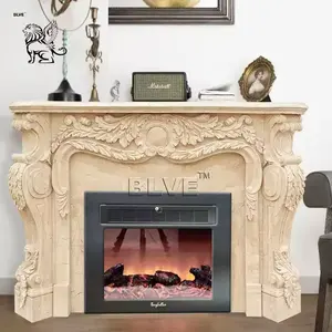 BLVE Indoor European Home Decoration Large Hand Carved Solid Stone Fireplace Surround Beige Marble Fireplace Mantle