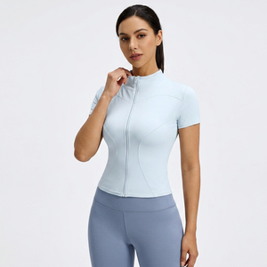 Wholesale Women <b>Zip</b> <b>up</b> Stand Collar Yoga <b>Crop</b> Jackets Slim Fit Stretchy Short Sleeve Athletic Top Running Pilates Workout Shirt - Product Image 2