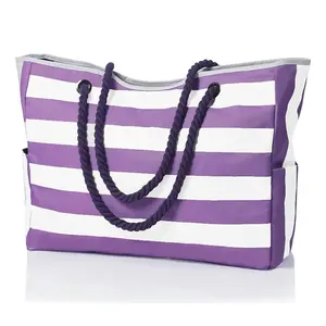 Vente en gros sac de plage en tissu oversize en toile de coton à rayures violettes sac à bandoulière étanche avec fermeture éclair pour femmes dames