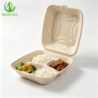 Boîte à clapet SUMKOKA 200 mm à 3 compartiments, compatible micro-ondes, sans BPA, en bagasse de canne à sucre, alternative compostable au mousse, jetable