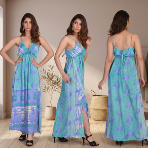 Indian Fusion Designer Summer Formal <b>Spaghetti</b> Strap Floral Print Party Wear Viscose Crepe Maxi Dress-Indo Western <b>Long</b> A-Line - Product Image 4