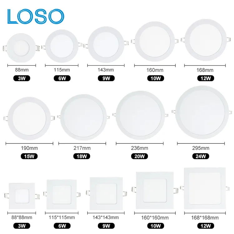 LOSO Ultra Thin Aluminium Carré Rond 3W 6W 9W 10W 12W 15W 18W 20W 24W Panneau LED encastré au plafond