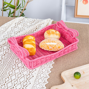 Vassoio Rettangolare in Rattan <span class=keywords><strong>Rosa</strong></span> Intrecciato con Manici Decorati a Fiocco per Frutta, Pane e Decorazioni da Tavola - Bestseller - Product Image 2