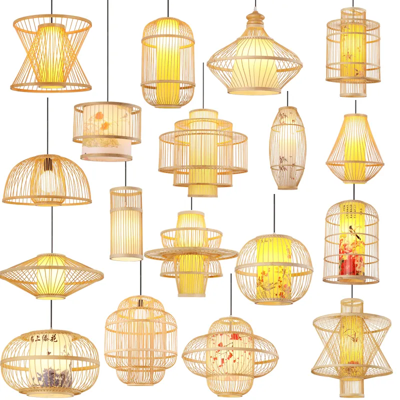 Çin doğal bambu el yapımı hasır asılı lambaları rattan kolye ışık led avize fuaye tavan lambaları