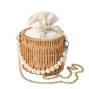 Straw Braided Bag Women Summer New Braided Pearl Portable Small Square Bag Lace Styling Bag