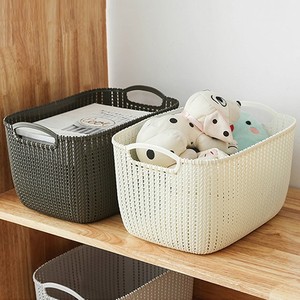 Imitation Rattan Storage Basket Rectangle With Handle Off White And Black M Size For Desktop Bathroom Use - Product Image 3