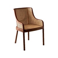 Chaise de salle à manger en bois massif avec accoudoirs, dossier en rotin respirant, coussin moelleux, style minimaliste Wabi-Sabi, usage commercial
