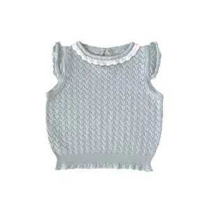 Cutemily Summer Cotton Baby Girls Hollow Round Neck Knitted Tops Knit Pullover Vest Flying Sleeves Ruffles Camisole Vest