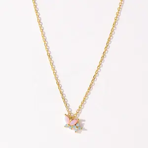 nagosa fine jewelry 9k 14k 18k gold vermeil 925 sterling silver Milky Opal Pink Nano butterfly flower pendant necklace