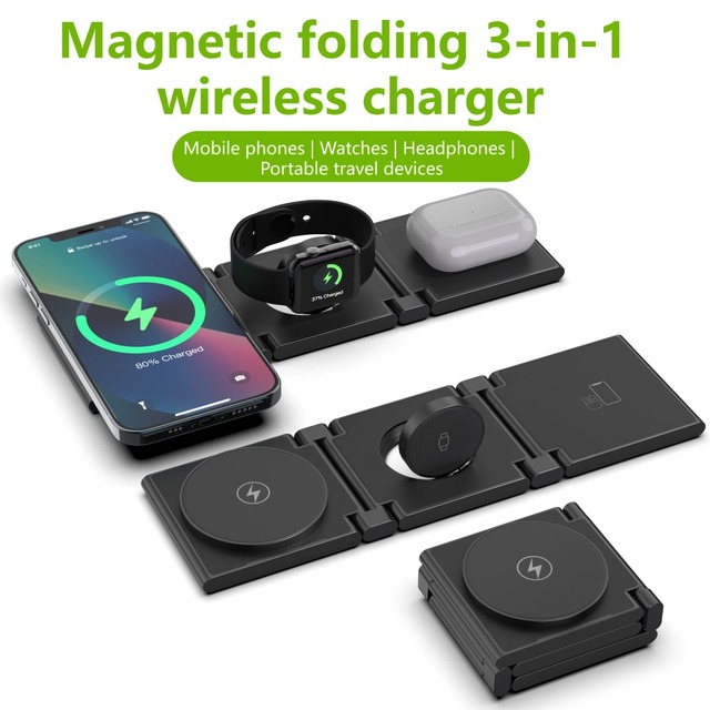Foldable Magnetic for Wireless Charging Station 3-in-1 Portable Fast Charging Phone Watch Travel Car Use 5V/1A 5V/2A Type-C Port