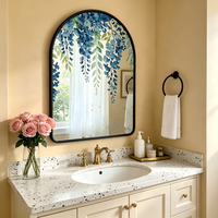 Miroir mural décoratif à cadre en fer noir cintrée, miroir de vanité artistique imprimé glycine bleue pour salle de bain, entrée et décoration intérieure