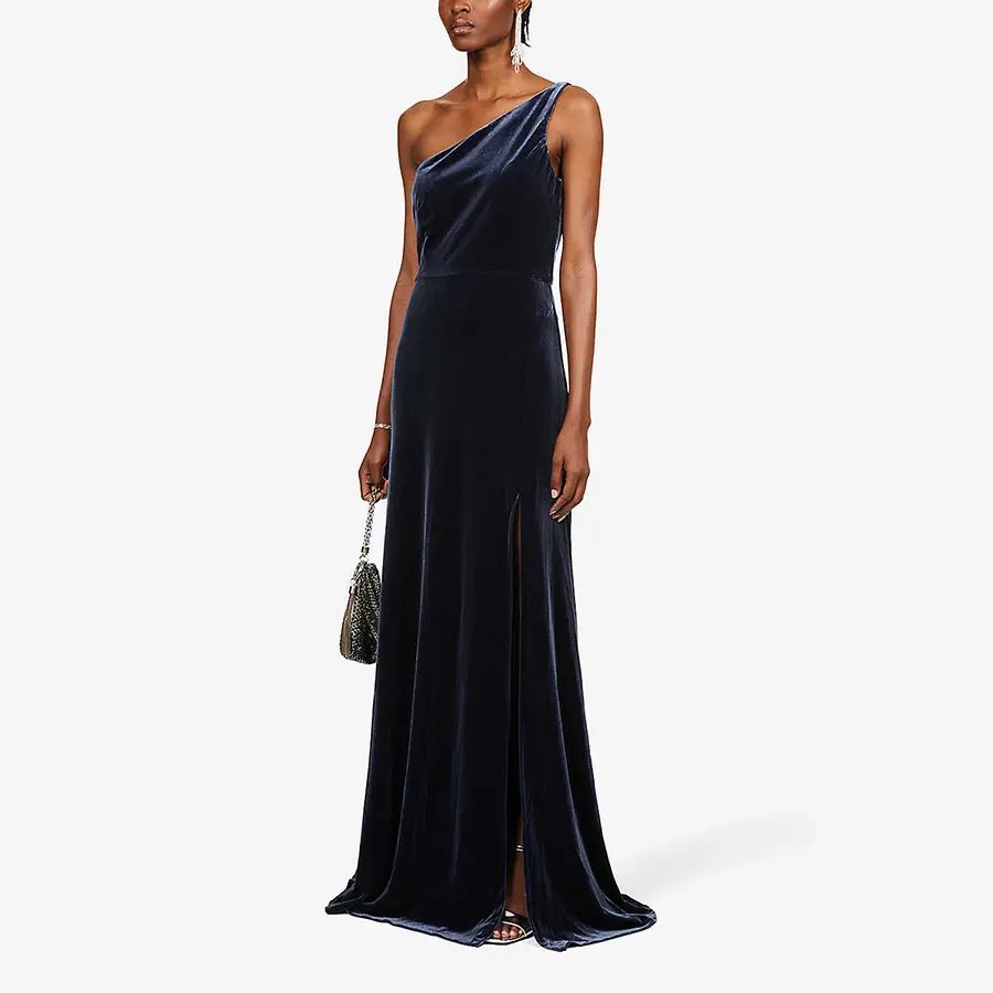 Custom Girls One Shoulder Velvet Luxury Formal Gowns Evening Blue Evening Dresses